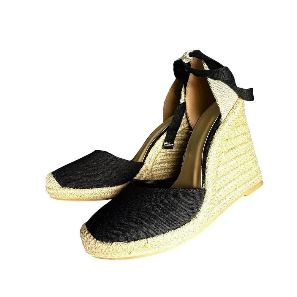 JustFab Women's Black Espadrille Wedge Sandals Size 9.5 Ankle Tie